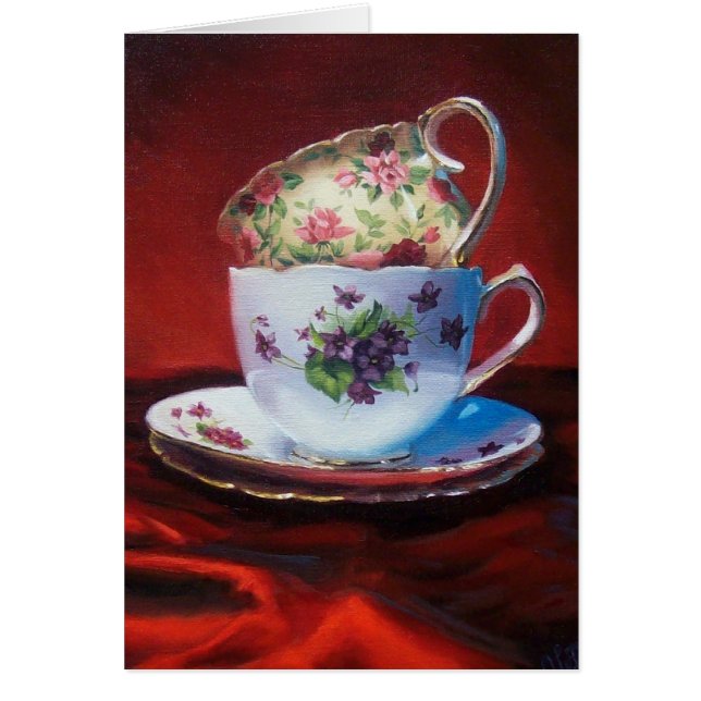 ティーカップおよび赤いサテン (正面)