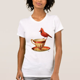ティーカップおよび赤い(鳥)ショウジョウコウカンチョウ Tシャツ