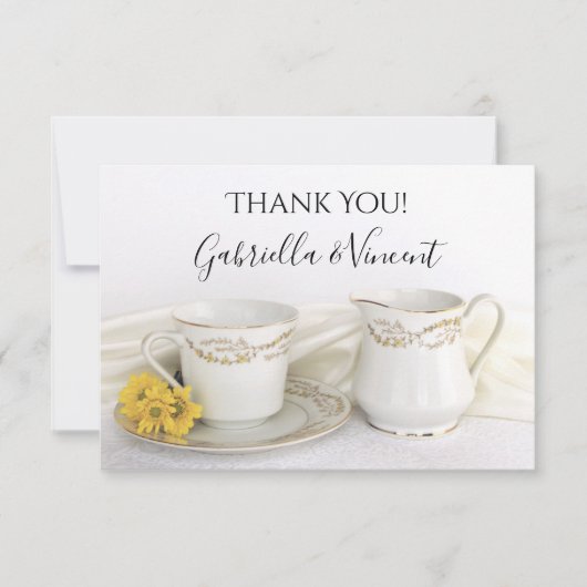 ティーカップとイエローデイジー結婚ズサンキューノート サンキューカード (正面)