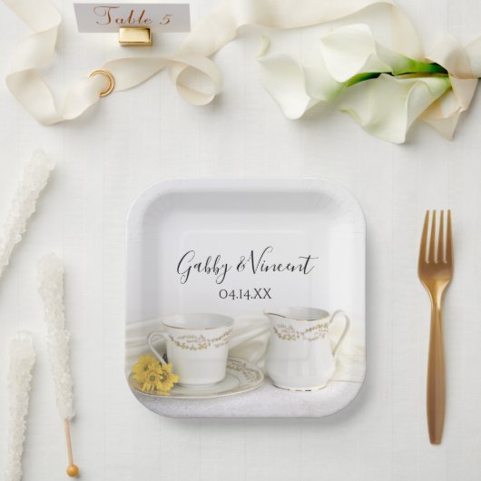 ティーカップとイエローデイジー結婚ズ ペーパープレート (ウェディング)