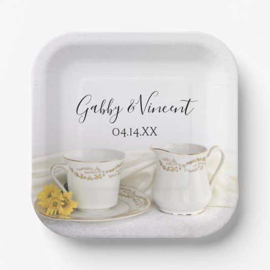 ティーカップとイエローデイジー結婚ズ ペーパープレート (正面)