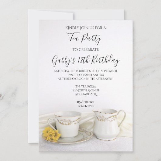 ティーカップとイエローデイジー誕生日ティーパーティー 招待状 (正面)