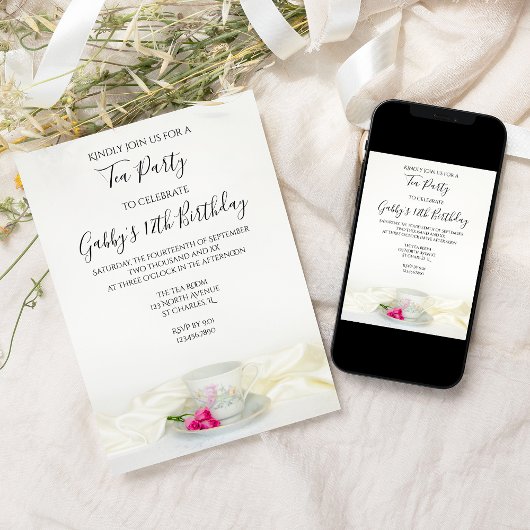ティーカップとピンクのバラの誕生日パーティー 招待状