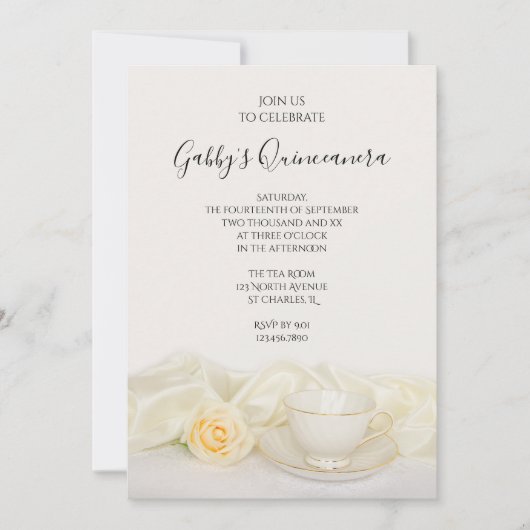 ティーカップとホワイトローズキンセアニェラパーティー 招待状 (正面)