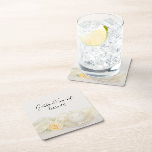 ティーカップとホワイトローズ結婚ズ スクエアペーパーコースター (インサイチュ)