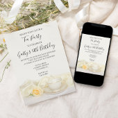 ティーカップとホワイトローズ誕生日パーティー 招待状