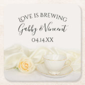 ティーカップと白バラ結婚の愛が醸造 スクエアペーパーコースター (正面)