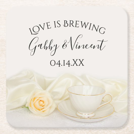 ティーカップと白バラ結婚の愛が醸造 スクエアペーパーコースター (正面)