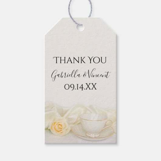 ティーカップと白バラ花結婚式の引き出物ラベル ギフトタグ (正面)