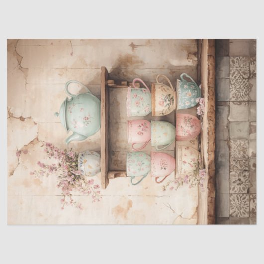 ティーカップと紅茶ポットセットの素朴分離 薄葉紙 (正面)