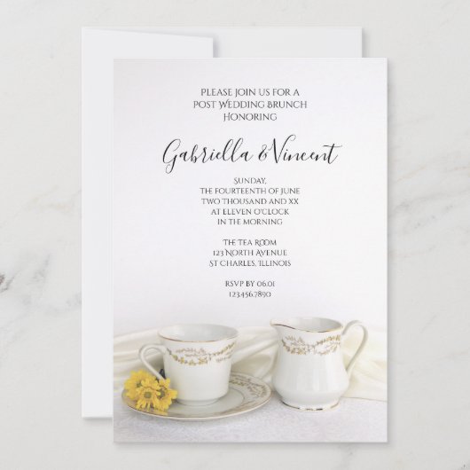 ティーカップと黄色のデイジーポスト結婚ズブランチ 招待状 (正面)
