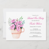 ティーカップにピンク色の花ブライダルシャワー茶パーティー 招待状 (正面)