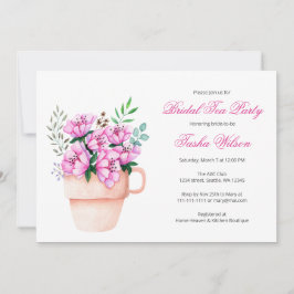ティーカップにピンク色の花ブライダルシャワー茶パーティー 招待状