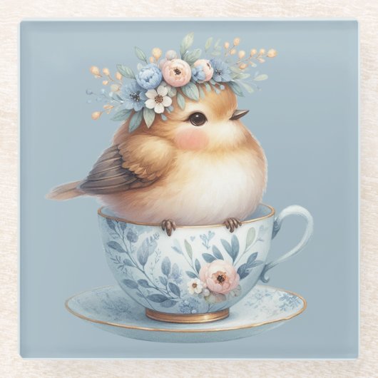 ティーカップにフローラの冠を飾ったかわいい青い鳥 ガラスコースター (正面)