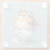 ティーカップにフローラの冠を飾ったかわいい青い鳥 ガラスコースター (裏面)