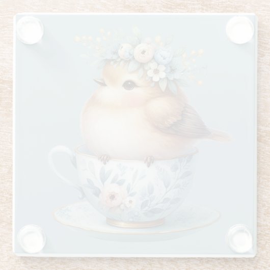 ティーカップにフローラの冠を飾ったかわいい青い鳥 ガラスコースター (裏面)