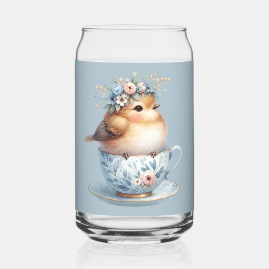 ティーカップにフローラの冠を飾ったかわいい青い鳥 ガラス缶 (裏面)