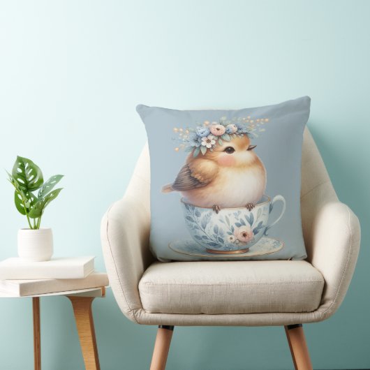 ティーカップにフローラの冠を飾ったかわいい青い鳥 クッション (椅子)
