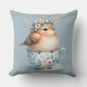 ティーカップにフローラの冠を飾ったかわいい青い鳥 クッション (正面)