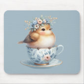 ティーカップにフローラの冠を飾ったかわいい青い鳥 マウスパッド (正面)