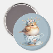 ティーカップにフローラの冠を飾ったかわいい青い鳥 マグネット (正面/裏面)