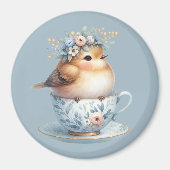 ティーカップにフローラの冠を飾ったかわいい青い鳥 マグネット (正面)