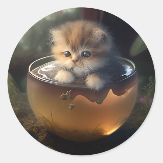 ティーカップに入った猫 | Teacup Catスタンプの子猫 ラウンドシール (正面)