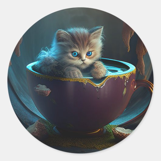 ティーカップに入った猫 | Teacup Catスタンプの子猫 ラウンドシール (正面)