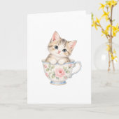 ティーカップに座る子猫 カード (黄色い花)
