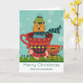 ティーカップに座る猫のクリスマス カード (黄色い花)