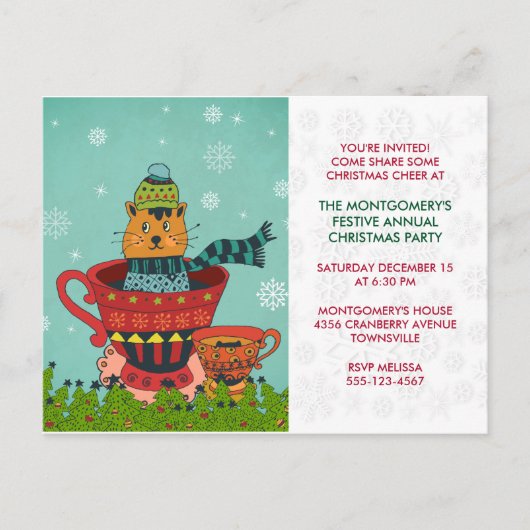 ティーカップに座る空想的な猫のクリスマスパーティー ポストカード (正面)