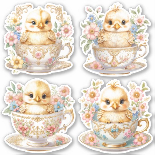 ティーカップのエレガントなひよこ - フラワーデザイン シール (正面)
