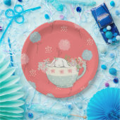 ティーカップのオレンジおよび青のバニーは開花します ペーパープレート (パーティー)