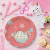 ティーカップのオレンジおよび青のバニーは開花します ペーパープレート (パーティー)