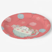 ティーカップのオレンジおよび青のバニーは開花します ペーパープレート (アングル)