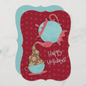 ティーカップのクリスマスのティーポットの注ぐ雪片 シーズンカード (正面/裏面)