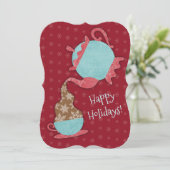 ティーカップのクリスマスのティーポットの注ぐ雪片 シーズンカード (スタンド正面)