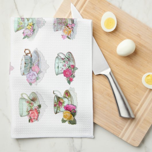 ティーカップのティーカップのピンクのバラの花のティーカップ キッチンタオル (四つ折り)