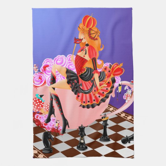 ティーカップのティータオルに入ったクイーン キッチンタオル (縦)