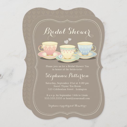ティーカップのトリオのシックなブライダルシャワーのお茶会 招待状 (正面/裏面)
