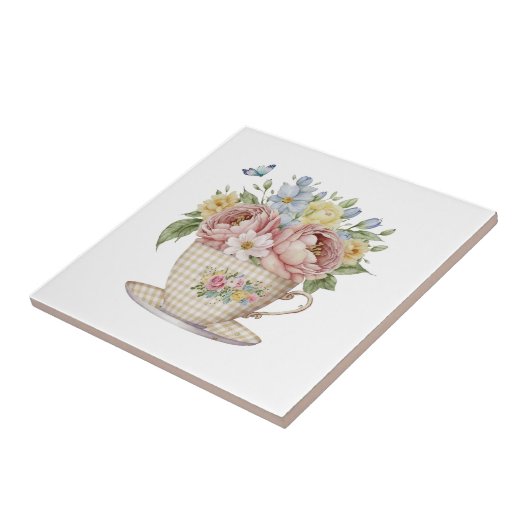 ティーカップのピンクの黄色の青い花フローラキッチン タイル (側面)