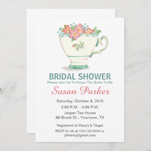 ティーカップのブライダルシャワーの招待状 招待状 (正面/裏面)
