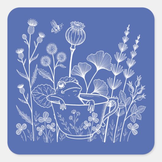 ティーカップの中のカエル – 植物画 スクエアシール (正面)