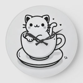 ティーカップの中の可愛い猫の壁掛け時計 ラージ壁時計