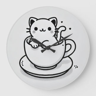 ティーカップの中の可愛い猫の壁掛け時計 ラージ壁時計