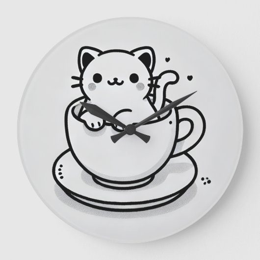 ティーカップの中の可愛い猫の壁掛け時計 ラージ壁時計 (正面)
