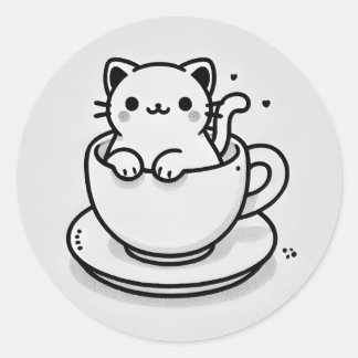 ティーカップの中の可愛い猫 ラウンドステッカー ラウンドシール