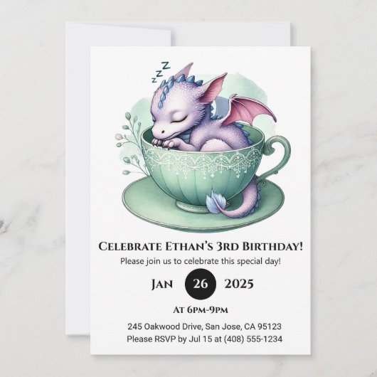 ティーカップの中の眠るベビードラゴンの誕生日 招待状 (正面)