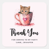 ティーカップの子猫とハートパーティーありがとう スクエアシール (正面)