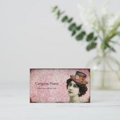 ティーカップの帽子の名刺を持つヴィンテージの女性 名刺 (スタンド正面)